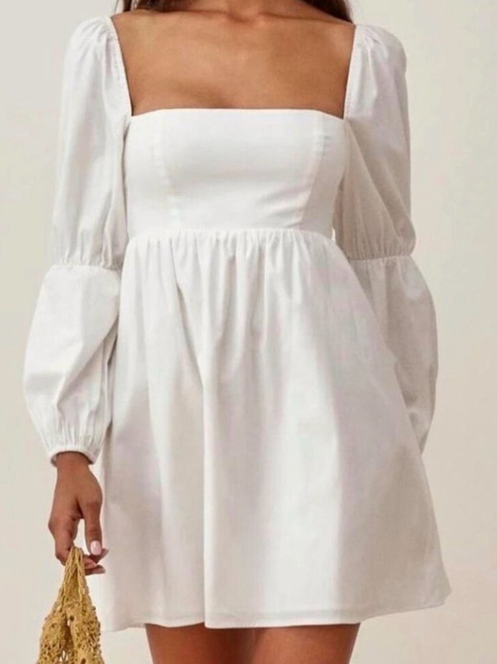 Reformation White Square-Neck Mini Dress with Balloon Sleeves